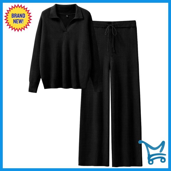 Waffle Knit Sweater Set Lounge Wear Wide Leg Pants Matching Outfit Cozy